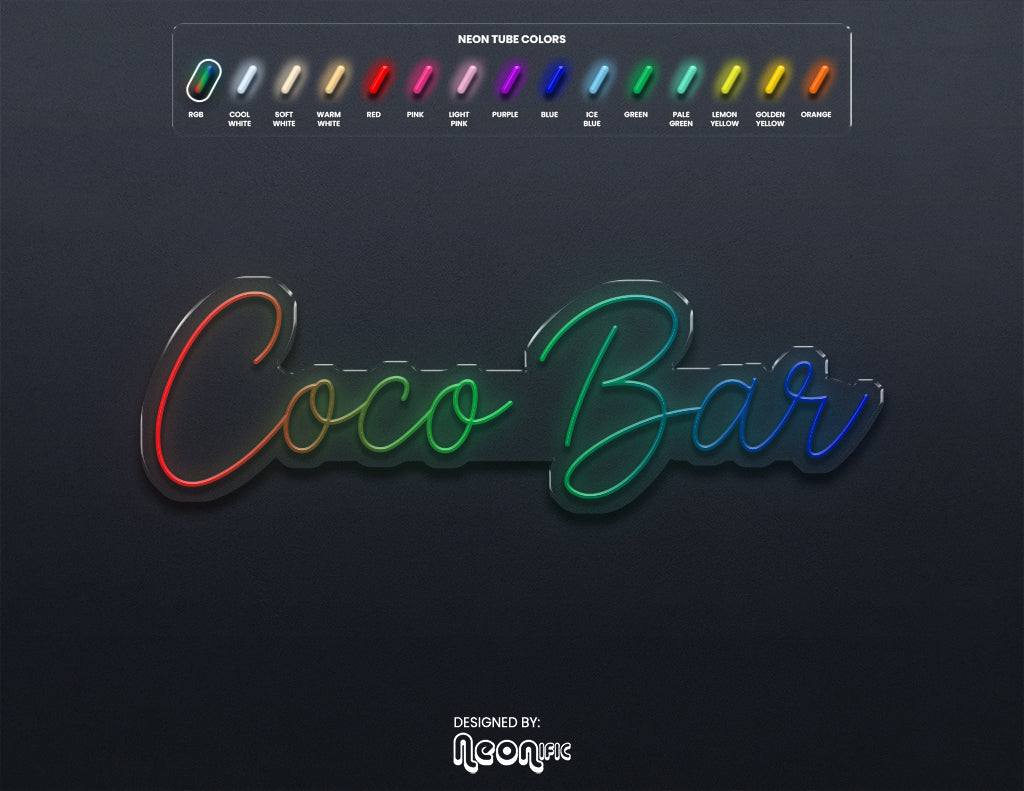 Custom LED Neon Sign "Coco Bar" (RGB, 50po, Exterieur)