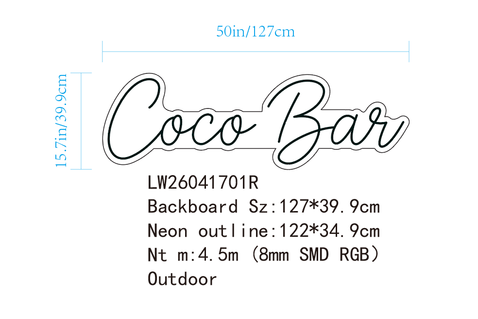 Custom LED Neon Sign "Coco Bar" (RGB, 50po, Exterieur)