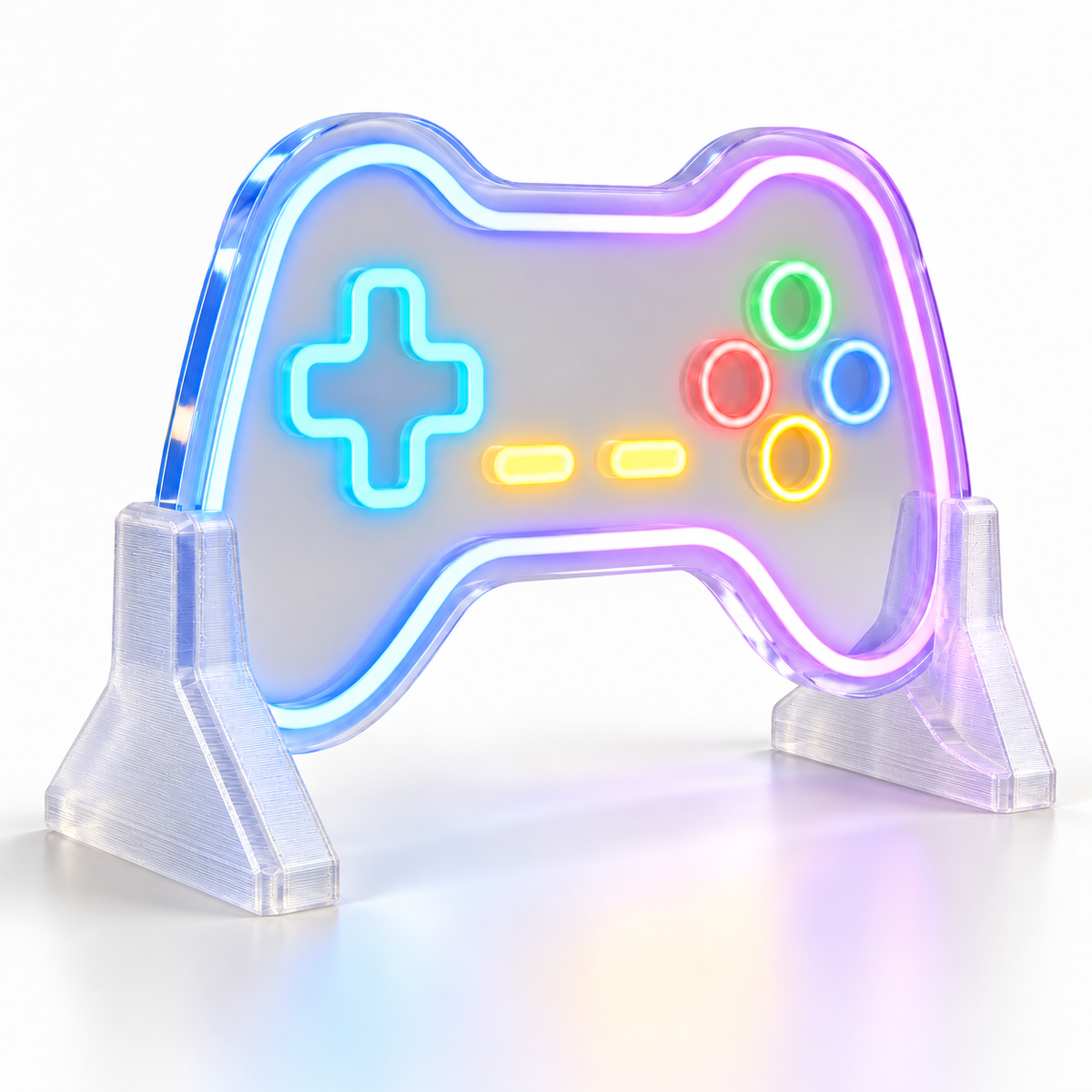 Translucent 3D-printed desk support stands holding a wide LED neon sign
