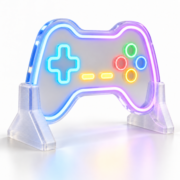 Translucent 3D-printed desk support stands holding a wide LED neon sign