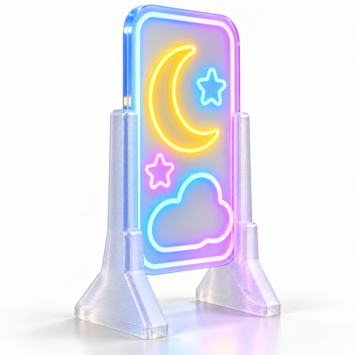 Translucent 3D-printed desk support stands holding a tall LED neon sign